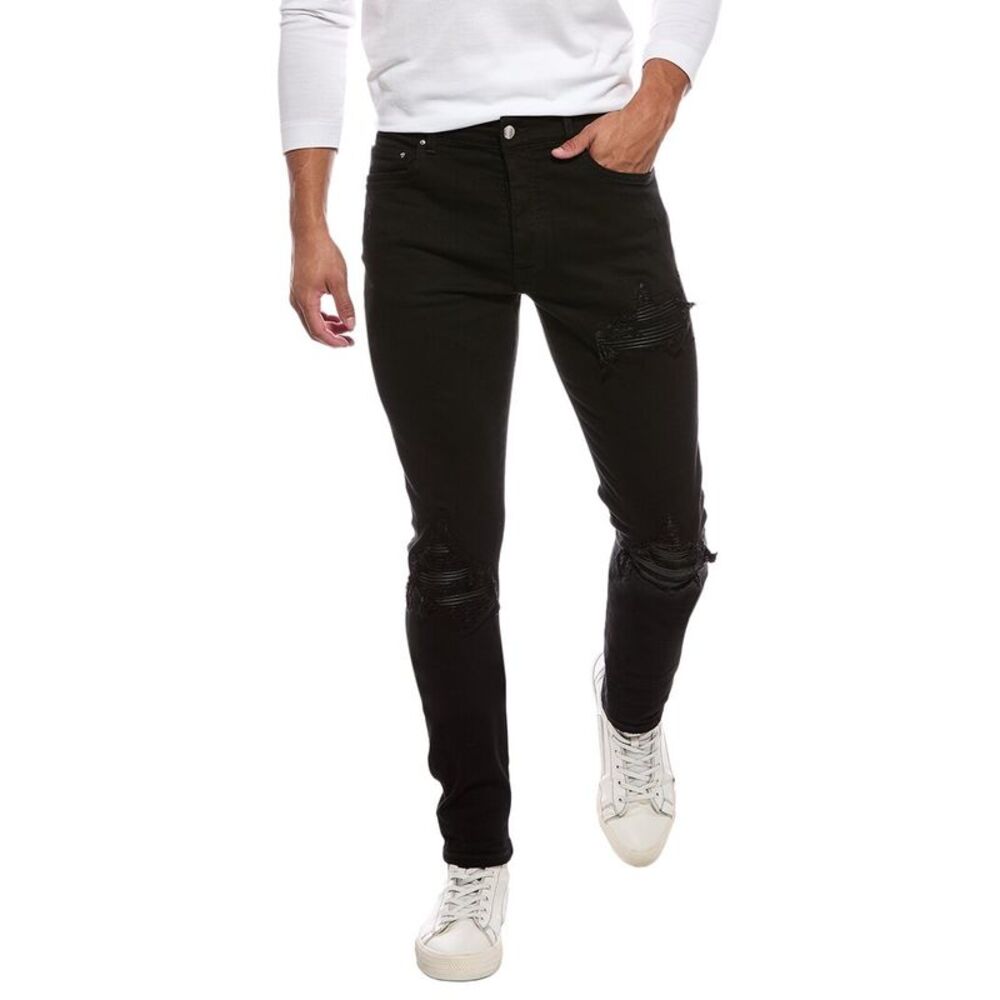 Amiri Mens  Leather-Trim Skinny Jean, Black